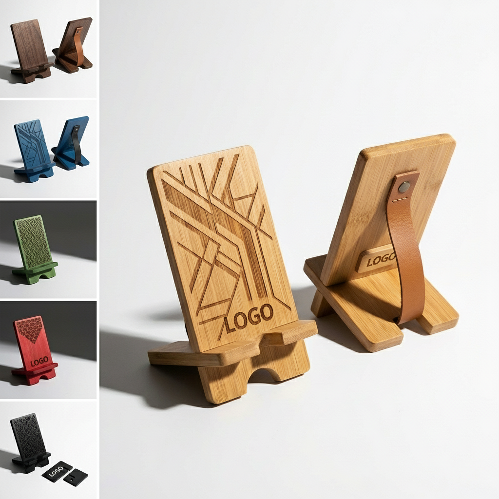Laser Engraved Bamboo Phone Stand with Cable Management Hole