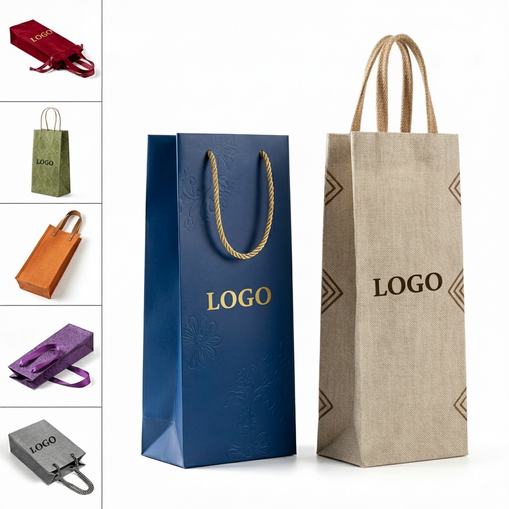 Assorted Material Single Wine Bottle Gift Bag with Rope Handles